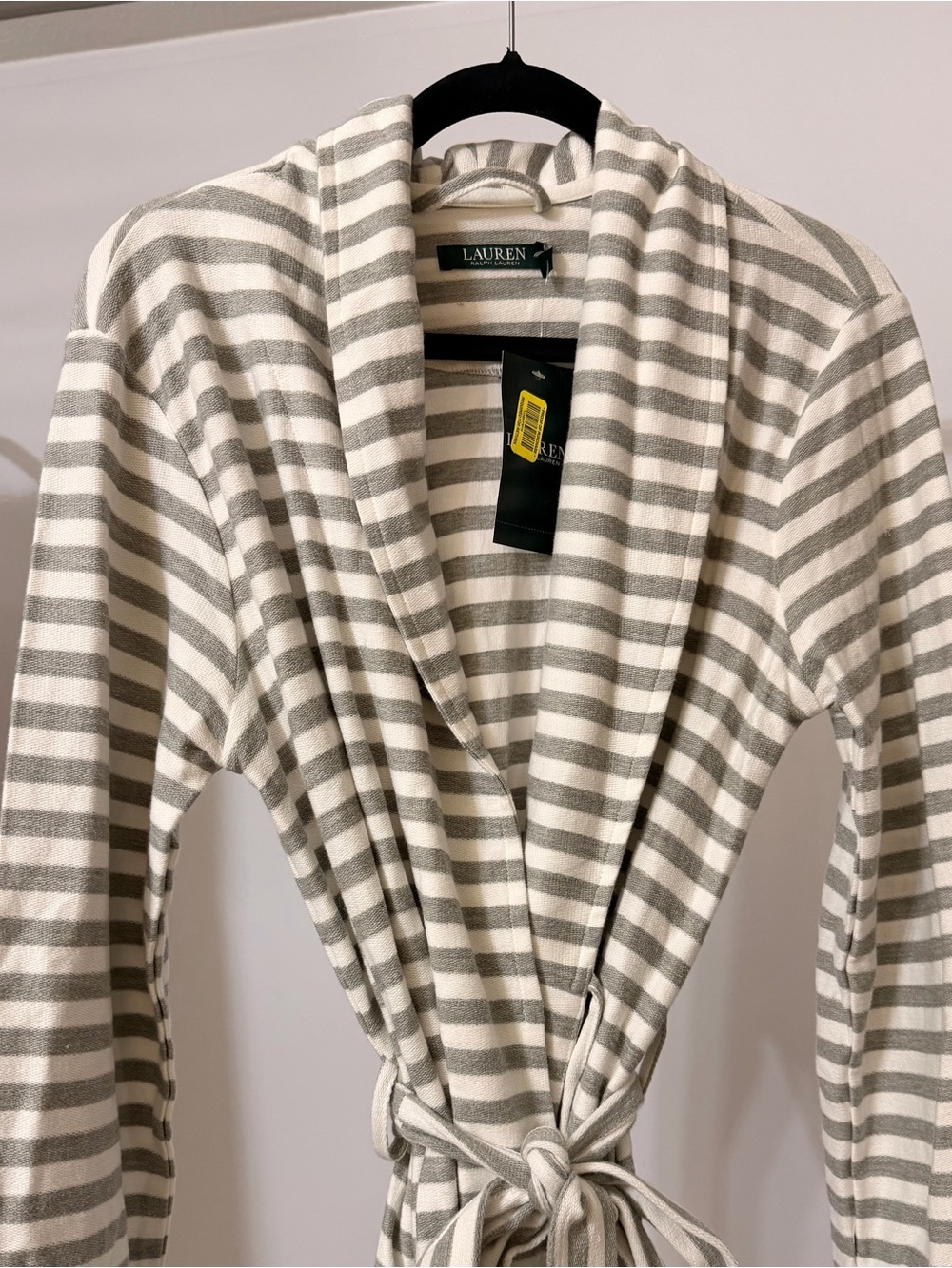 Lauren Ralph Lauren Striped Shawl-Collar Robe in Grey and Cream